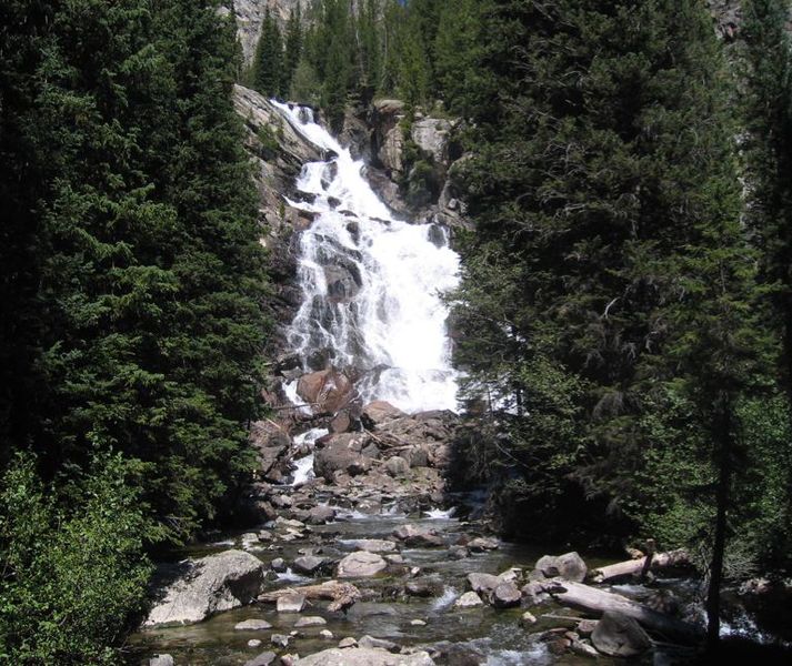A waterfall cascading down a rocky mountainside between evergreen trees in Grand Teton National Park